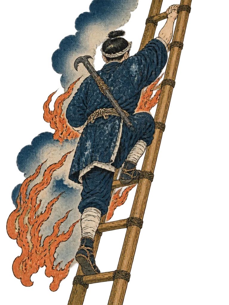 Seorang rekan memanjat tangga bambu ke lantai yang terbakar, kait tobi terikat di punggungnya.
